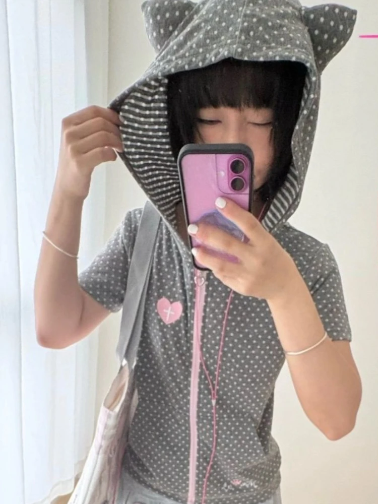 Japanese Polka Dot Embroidery Hoodies Summer Women Casual Slim Fit Zipper Sweatshirt Y2k Aesthetic Vintage Grunge Pocket Hoody