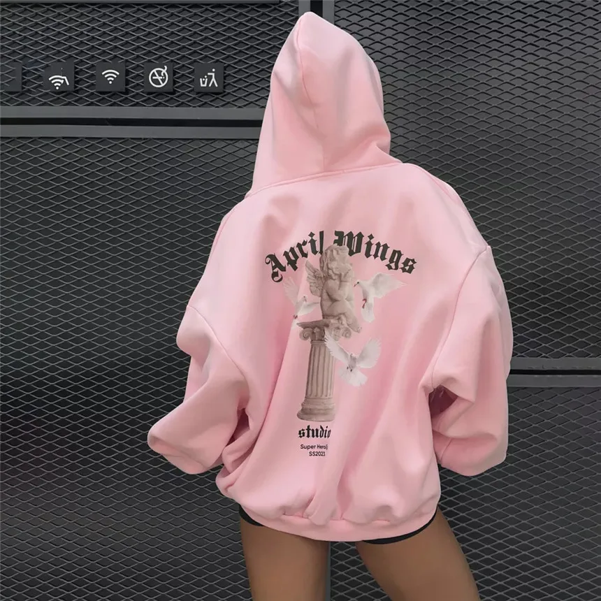 Women's Vintage Pink Baby Angel Print Casual Sweatshirt Long Cotton Hooded Coat Oversize Loose Hoodie, Zipper Up Coat, Fall, New