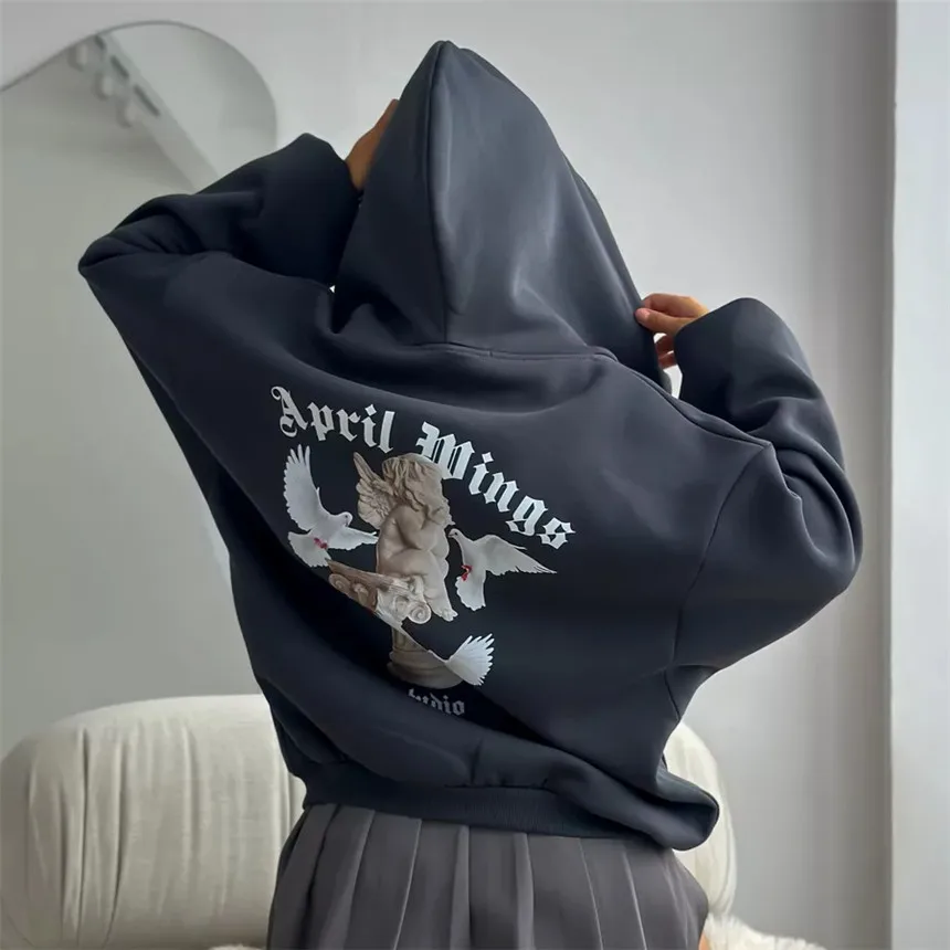 Women's Vintage Pink Baby Angel Print Casual Sweatshirt Long Cotton Hooded Coat Oversize Loose Hoodie, Zipper Up Coat, Fall, New