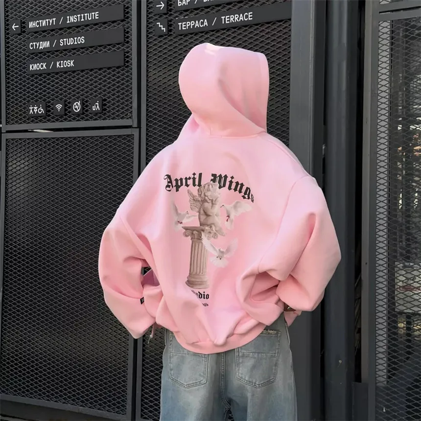 Women's Vintage Pink Baby Angel Print Casual Sweatshirt Long Cotton Hooded Coat Oversize Loose Hoodie, Zipper Up Coat, Fall, New
