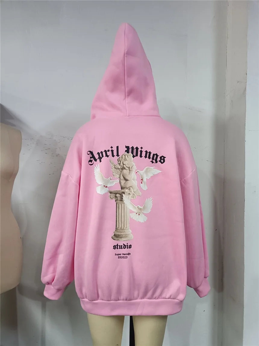 Women's Vintage Pink Baby Angel Print Casual Sweatshirt Long Cotton Hooded Coat Oversize Loose Hoodie, Zipper Up Coat, Fall, New