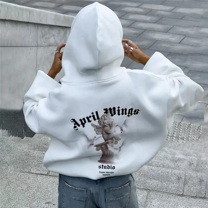 Women's Vintage Pink Baby Angel Print Casual Sweatshirt Long Cotton Hooded Coat Oversize Loose Hoodie, Zipper Up Coat, Fall, New