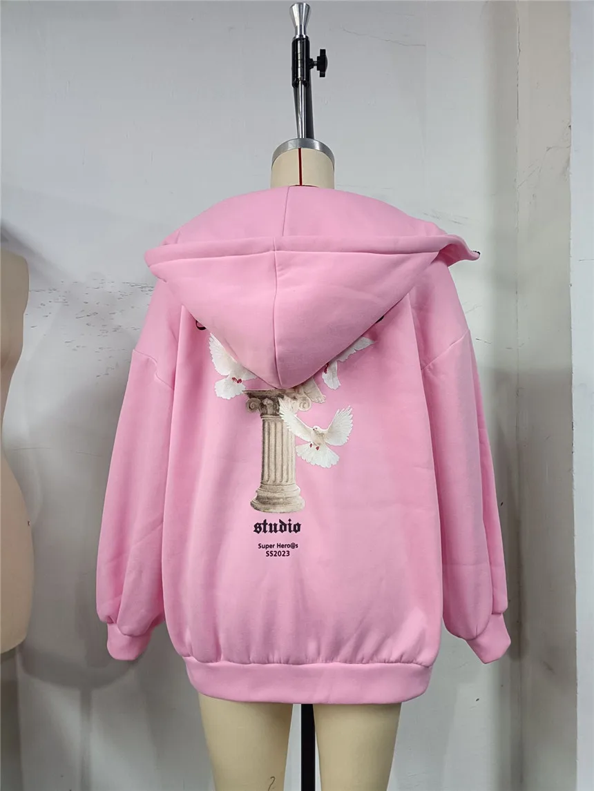 Women's Vintage Pink Baby Angel Print Casual Sweatshirt Long Cotton Hooded Coat Oversize Loose Hoodie, Zipper Up Coat, Fall, New