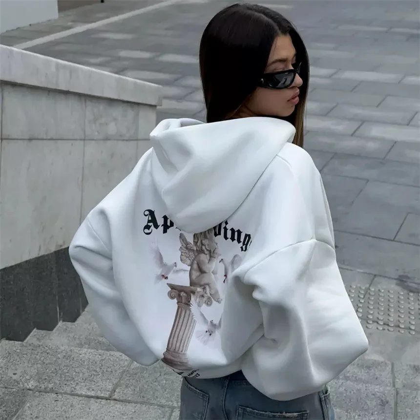 Women's Vintage Pink Baby Angel Print Casual Sweatshirt Long Cotton Hooded Coat Oversize Loose Hoodie, Zipper Up Coat, Fall, New