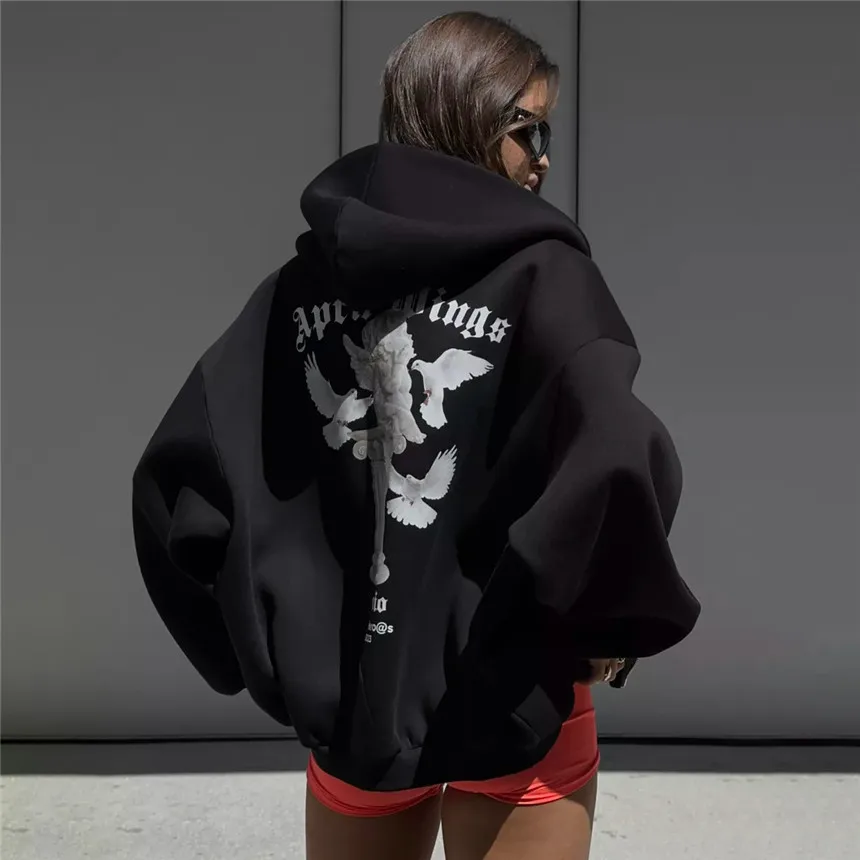 Women's Vintage Pink Baby Angel Print Casual Sweatshirt Long Cotton Hooded Coat Oversize Loose Hoodie, Zipper Up Coat, Fall, New