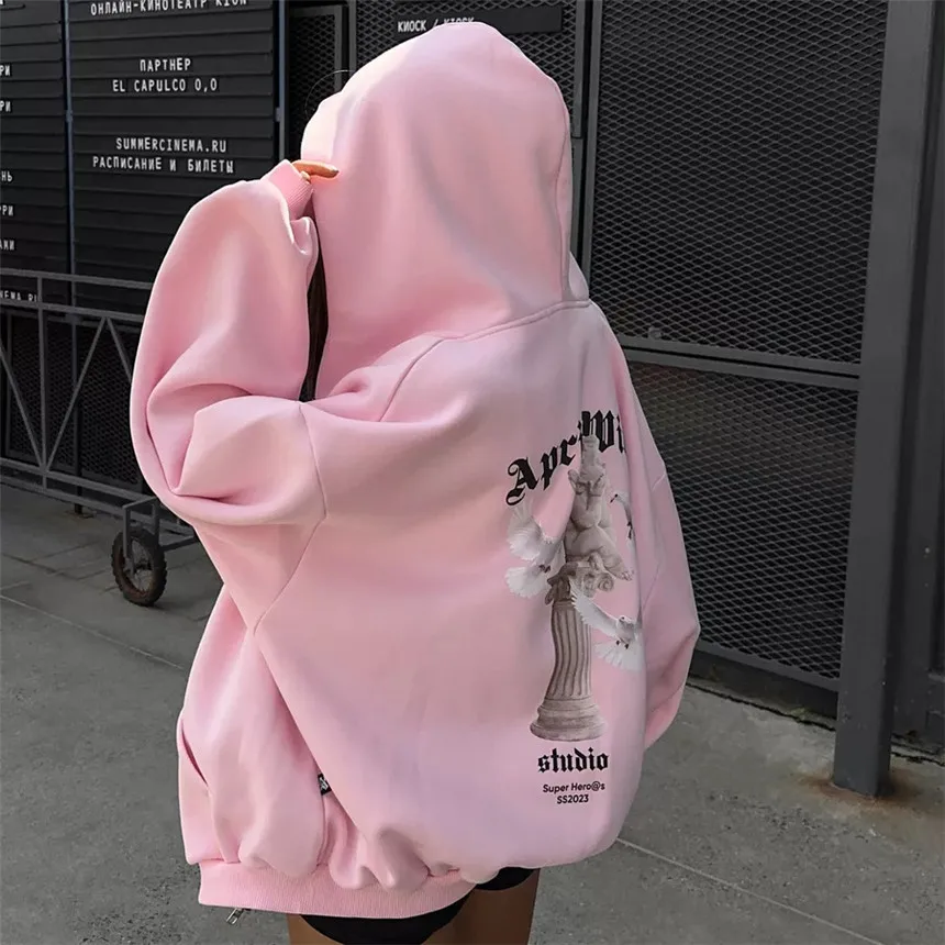 Women's Vintage Pink Baby Angel Print Casual Sweatshirt Long Cotton Hooded Coat Oversize Loose Hoodie, Zipper Up Coat, Fall, New