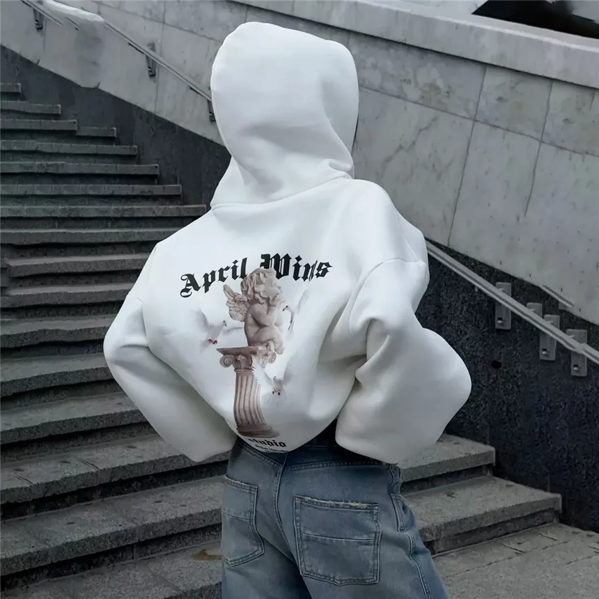 Women's Vintage Pink Baby Angel Print Casual Sweatshirt Long Cotton Hooded Coat Oversize Loose Hoodie, Zipper Up Coat, Fall, New