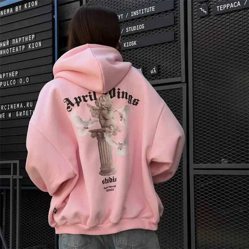 Women's Vintage Pink Baby Angel Print Casual Sweatshirt Long Cotton Hooded Coat Oversize Loose Hoodie, Zipper Up Coat, Fall, New