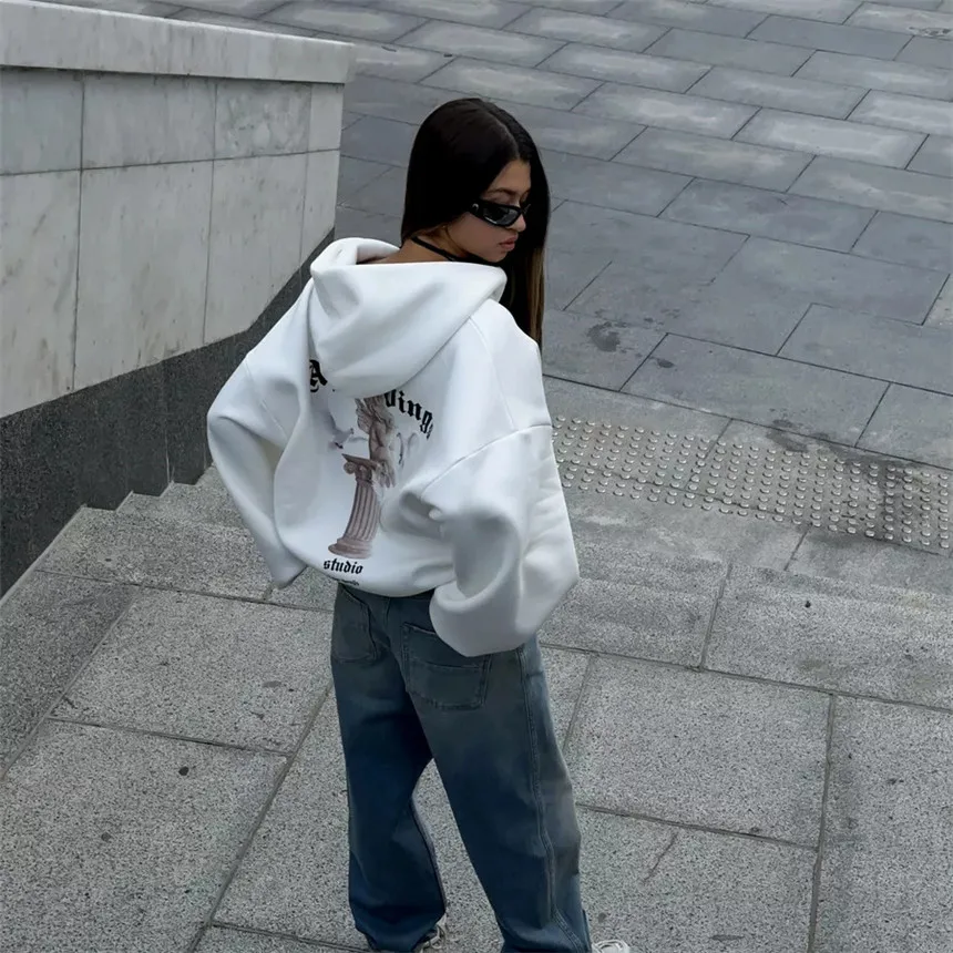 Women's Vintage Pink Baby Angel Print Casual Sweatshirt Long Cotton Hooded Coat Oversize Loose Hoodie, Zipper Up Coat, Fall, New