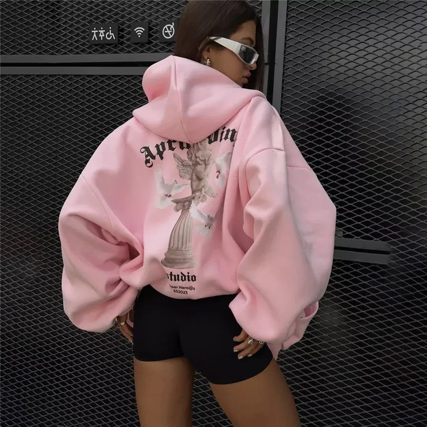 Women's Vintage Pink Baby Angel Print Casual Sweatshirt Long Cotton Hooded Coat Oversize Loose Hoodie, Zipper Up Coat, Fall, New