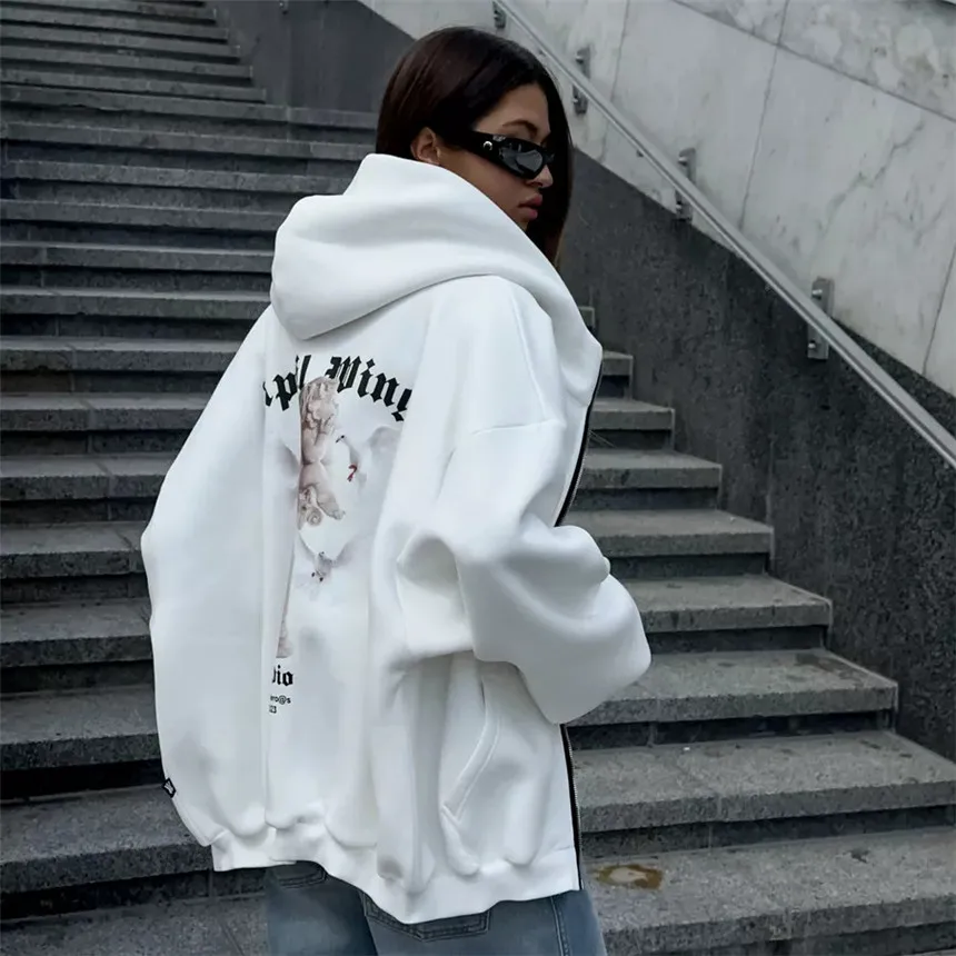 Women's Vintage Pink Baby Angel Print Casual Sweatshirt Long Cotton Hooded Coat Oversize Loose Hoodie, Zipper Up Coat, Fall, New