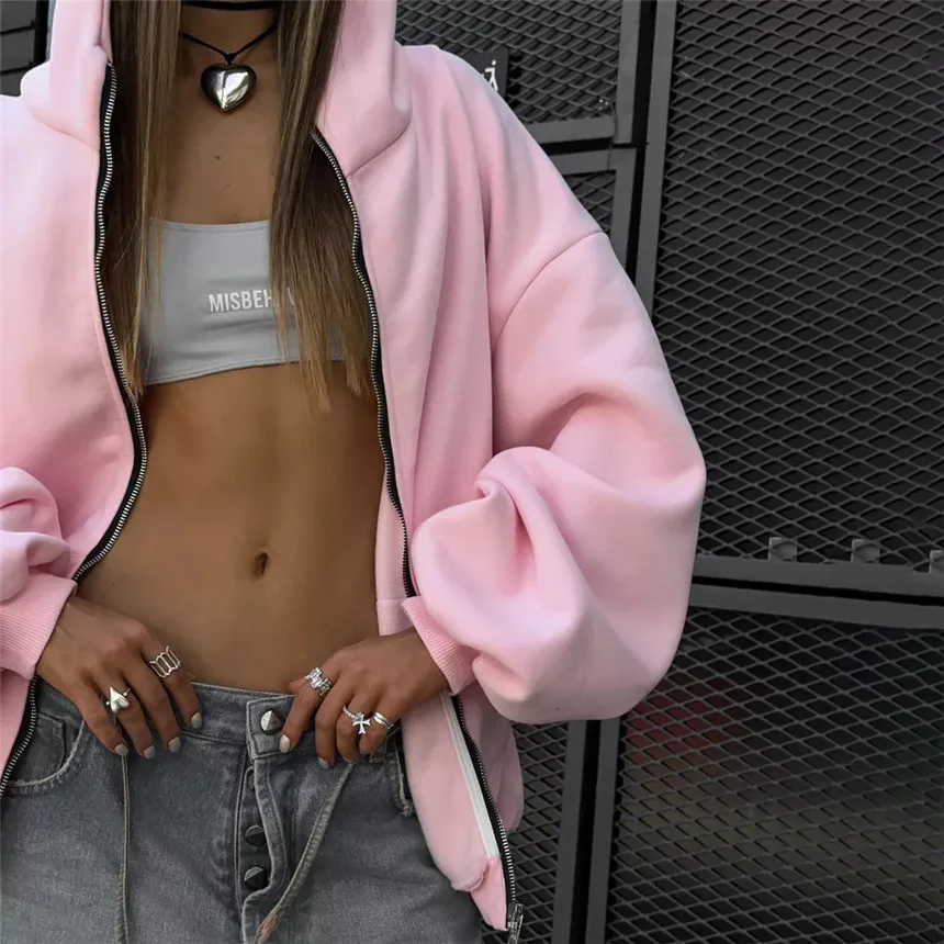 Women's Vintage Pink Baby Angel Print Casual Sweatshirt Long Cotton Hooded Coat Oversize Loose Hoodie, Zipper Up Coat, Fall, New