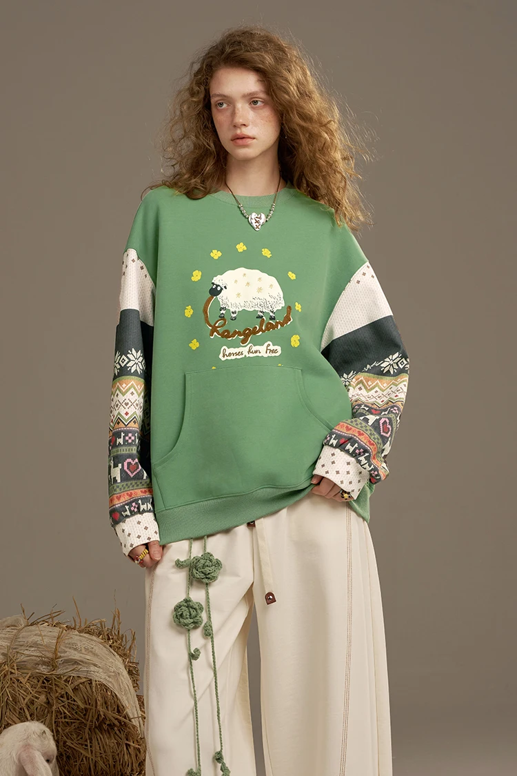 ELFSACK 2025 Autumn New Arrivals Casual Soft Vintage Splicing Design Crew Neck Sweatshirt For Woman