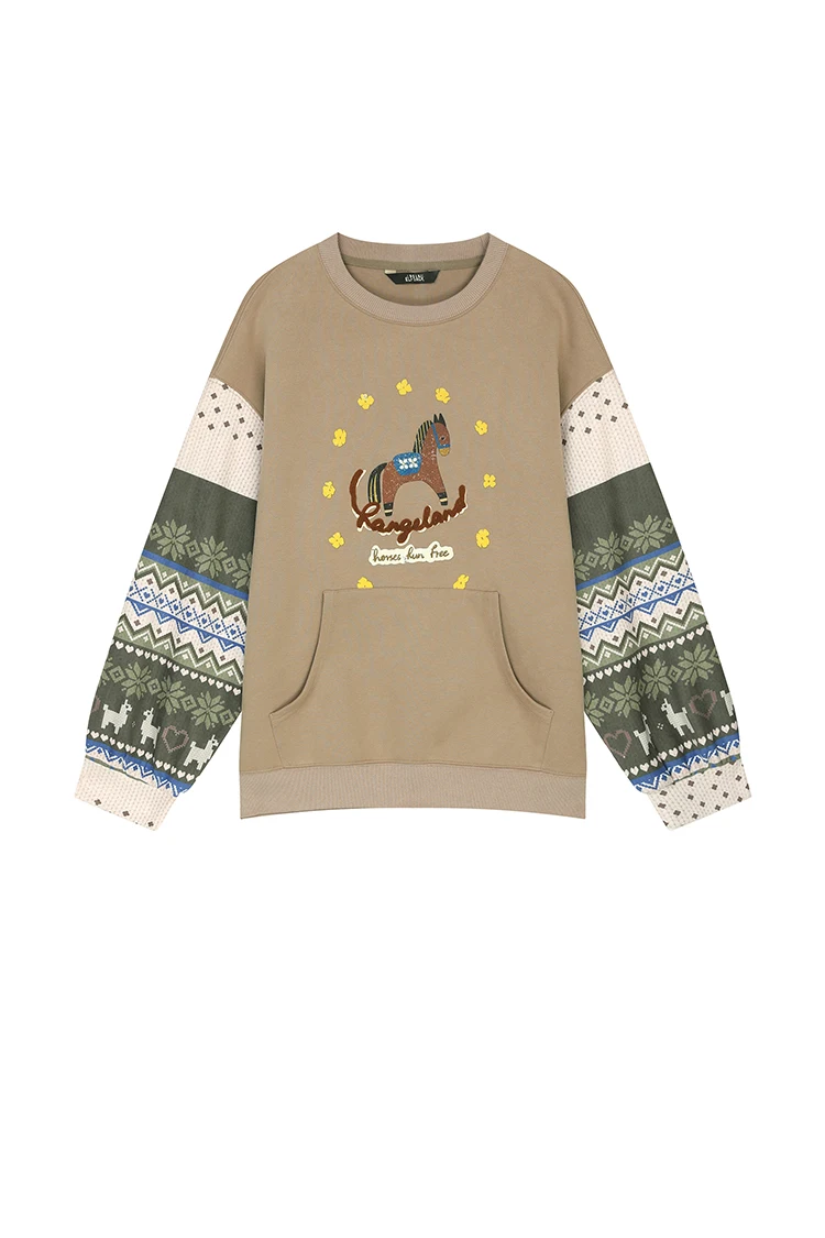 ELFSACK 2025 Autumn New Arrivals Casual Soft Vintage Splicing Design Crew Neck Sweatshirt For Woman