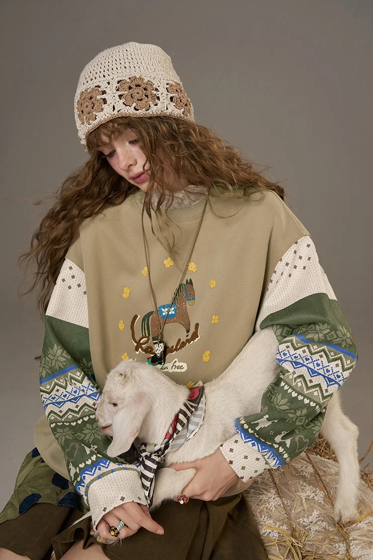 ELFSACK 2025 Autumn New Arrivals Casual Soft Vintage Splicing Design Crew Neck Sweatshirt For Woman