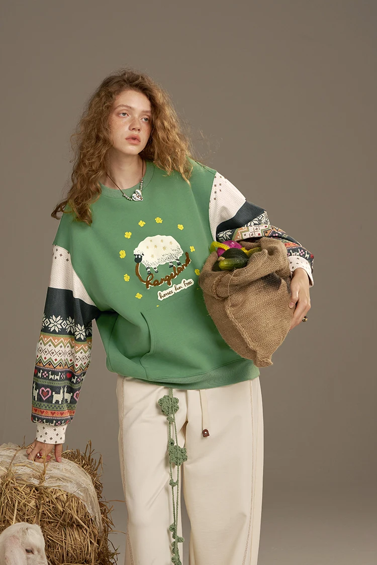 ELFSACK 2025 Autumn New Arrivals Casual Soft Vintage Splicing Design Crew Neck Sweatshirt For Woman