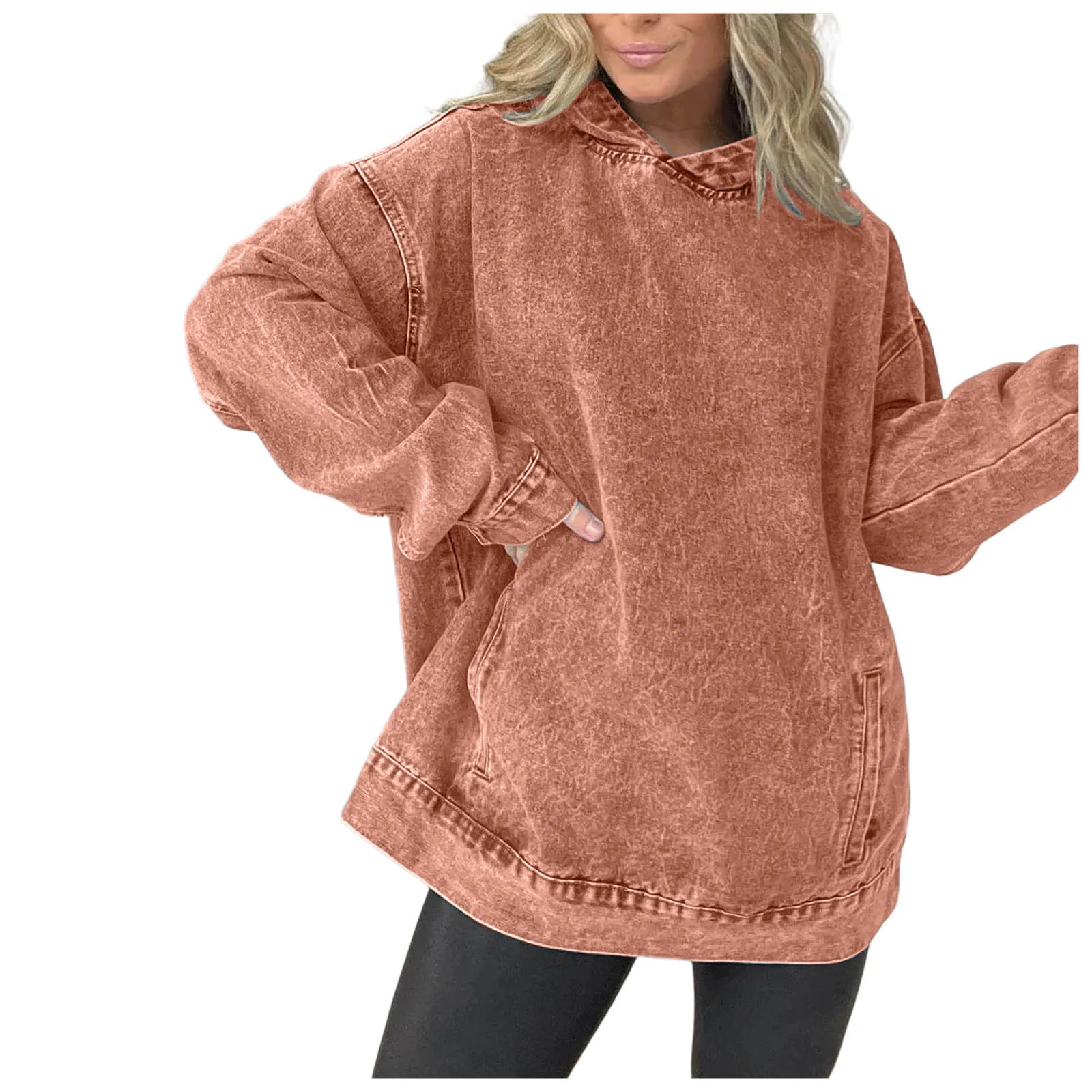 Women Washed Denim Hoodie Long Sleeve Side Pocket Oversized Loose Pullover Stitch Detail Washed Vintage Casual Fall Sweatshirts