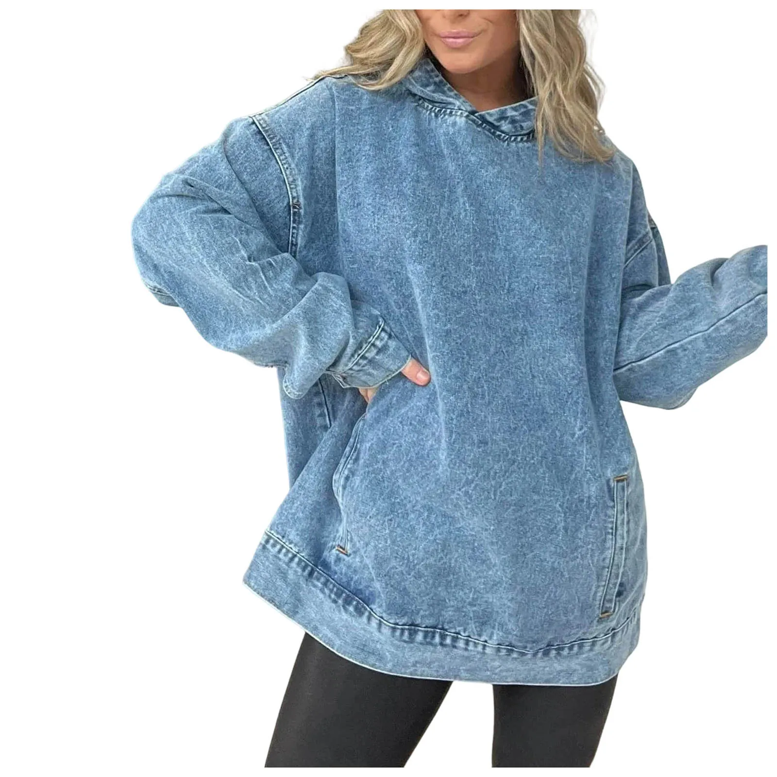 Women Washed Denim Hoodie Long Sleeve Side Pocket Oversized Loose Pullover Stitch Detail Washed Vintage Casual Fall Sweatshirts