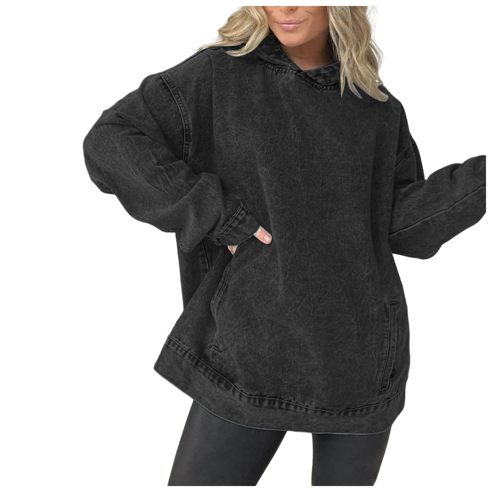 Women Washed Denim Hoodie Long Sleeve Side Pocket Oversized Loose Pullover Stitch Detail Washed Vintage Casual Fall Sweatshirts