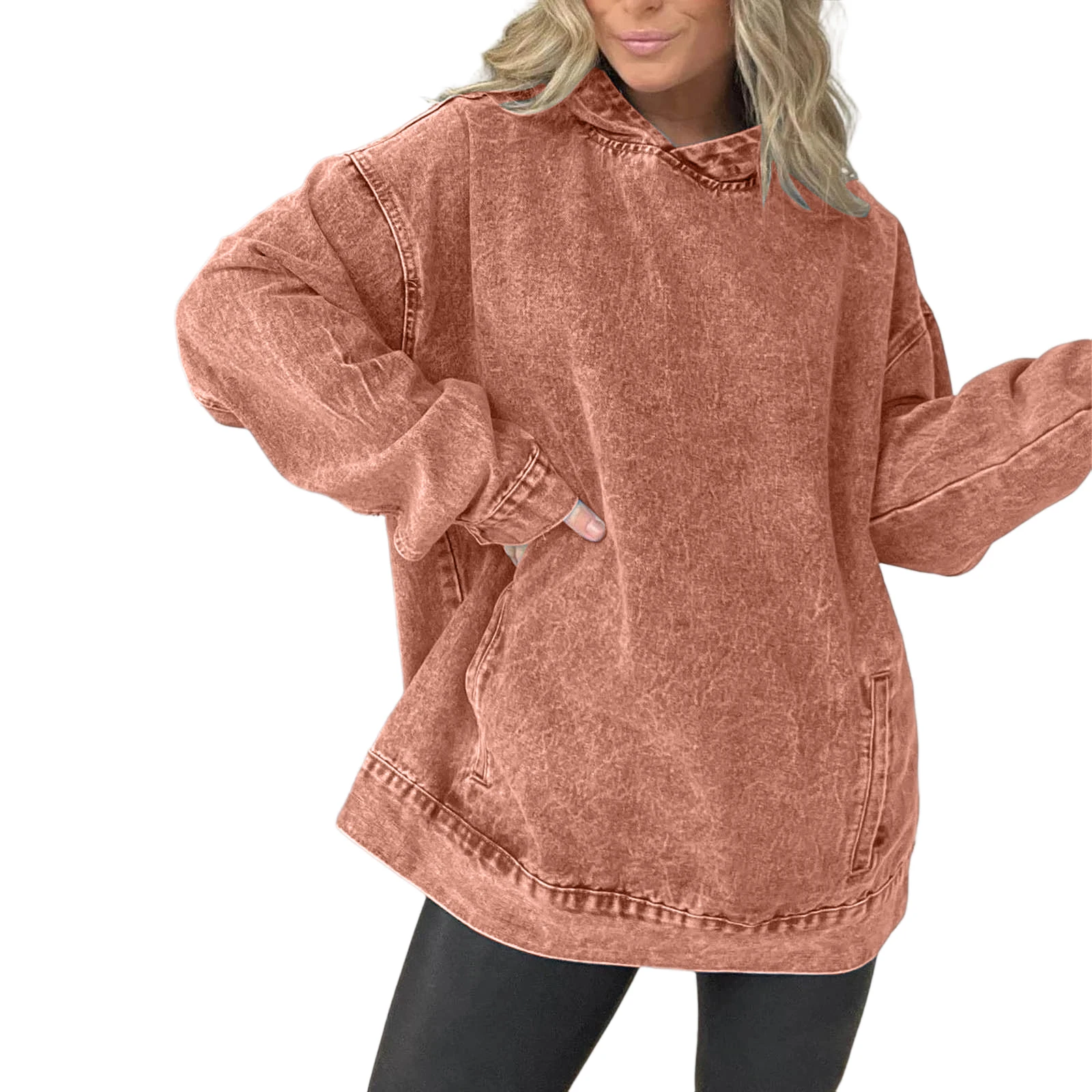 Women Washed Denim Hoodie Long Sleeve Side Pocket Oversized Loose Pullover Stitch Detail Washed Vintage Casual Fall Sweatshirts