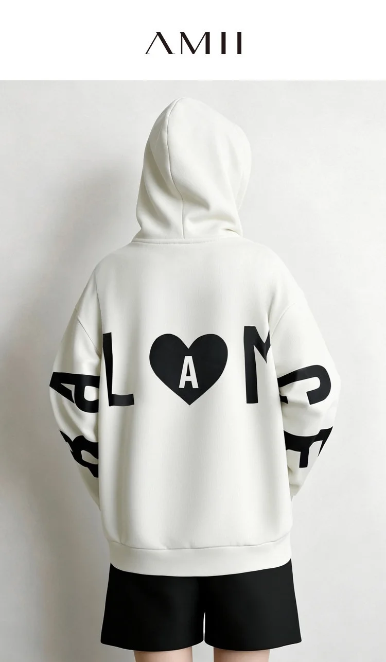 Amii Women's Hooded Letter Print Sweatshirt Loose Drop Shoulder Casual Pullover Autumn 2026 Knit Tops for Women 12643092