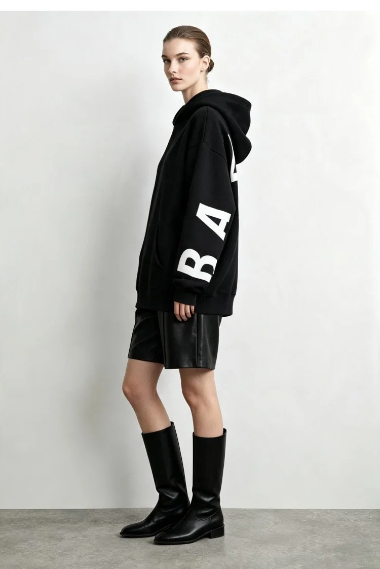 Amii Women's Hooded Letter Print Sweatshirt Loose Drop Shoulder Casual Pullover Autumn 2026 Knit Tops for Women 12643092