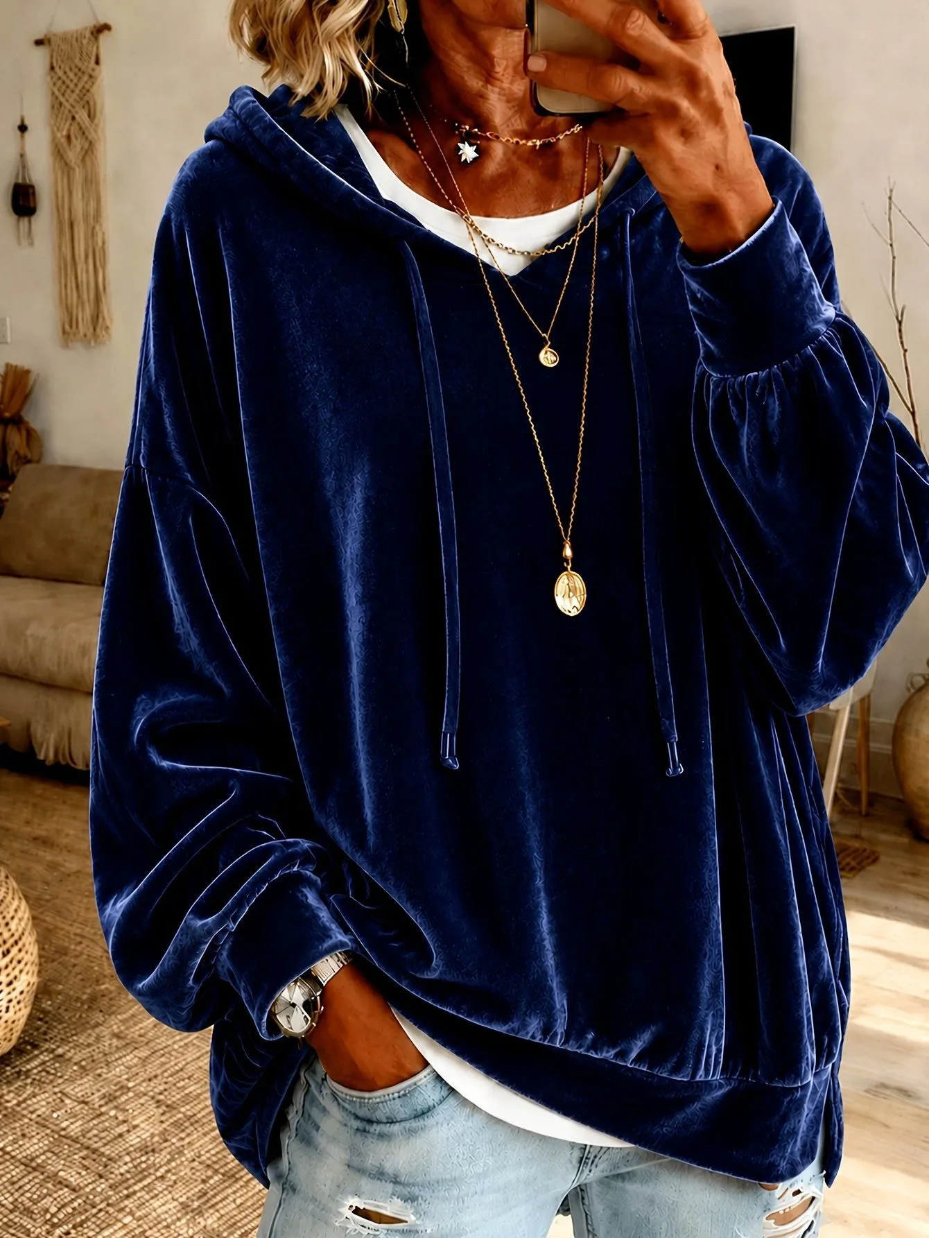 Women's Winter Clothing Hoodie with Fleece Lining Long Sleeve Irregular Hem 3D Effect Velvet Neck Regular Fit Female Clothing