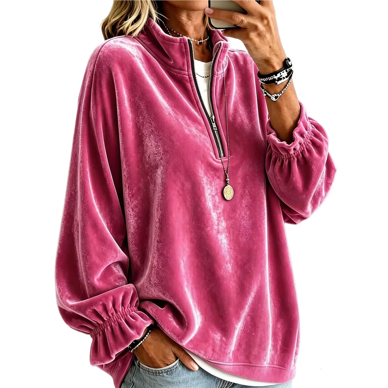 Women Velvet Half Zip Sweatshirt Stand Collar Elastic Ruffle Long Sleeve Oversized Pullover Casual Autumn Winter Streetwear Tops