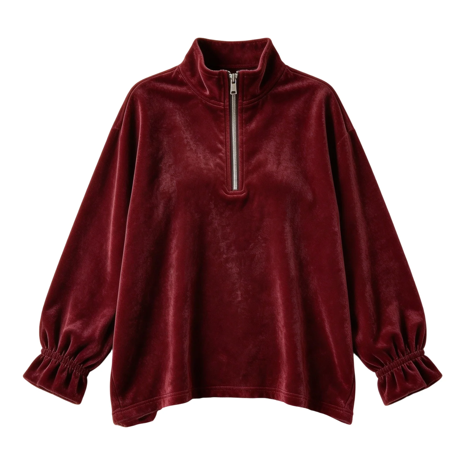 Women Velvet Half Zip Sweatshirt Stand Collar Elastic Ruffle Long Sleeve Oversized Pullover Casual Autumn Winter Streetwear Tops
