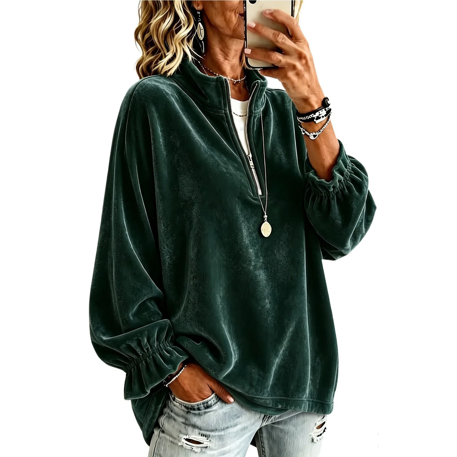 Women Velvet Half Zip Sweatshirt Stand Collar Elastic Ruffle Long Sleeve Oversized Pullover Casual Autumn Winter Streetwear Tops