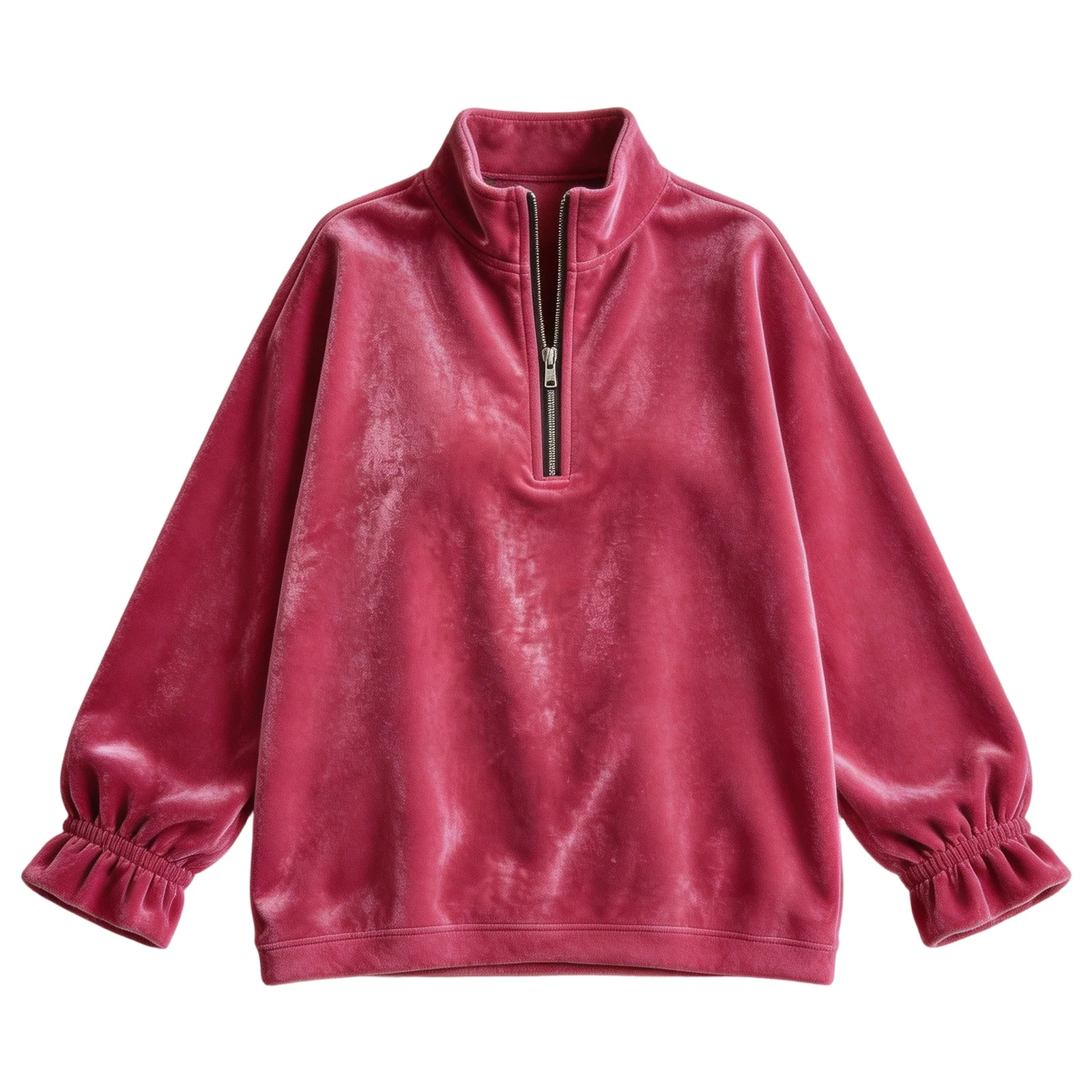 Women Velvet Half Zip Sweatshirt Stand Collar Elastic Ruffle Long Sleeve Oversized Pullover Casual Autumn Winter Streetwear Tops