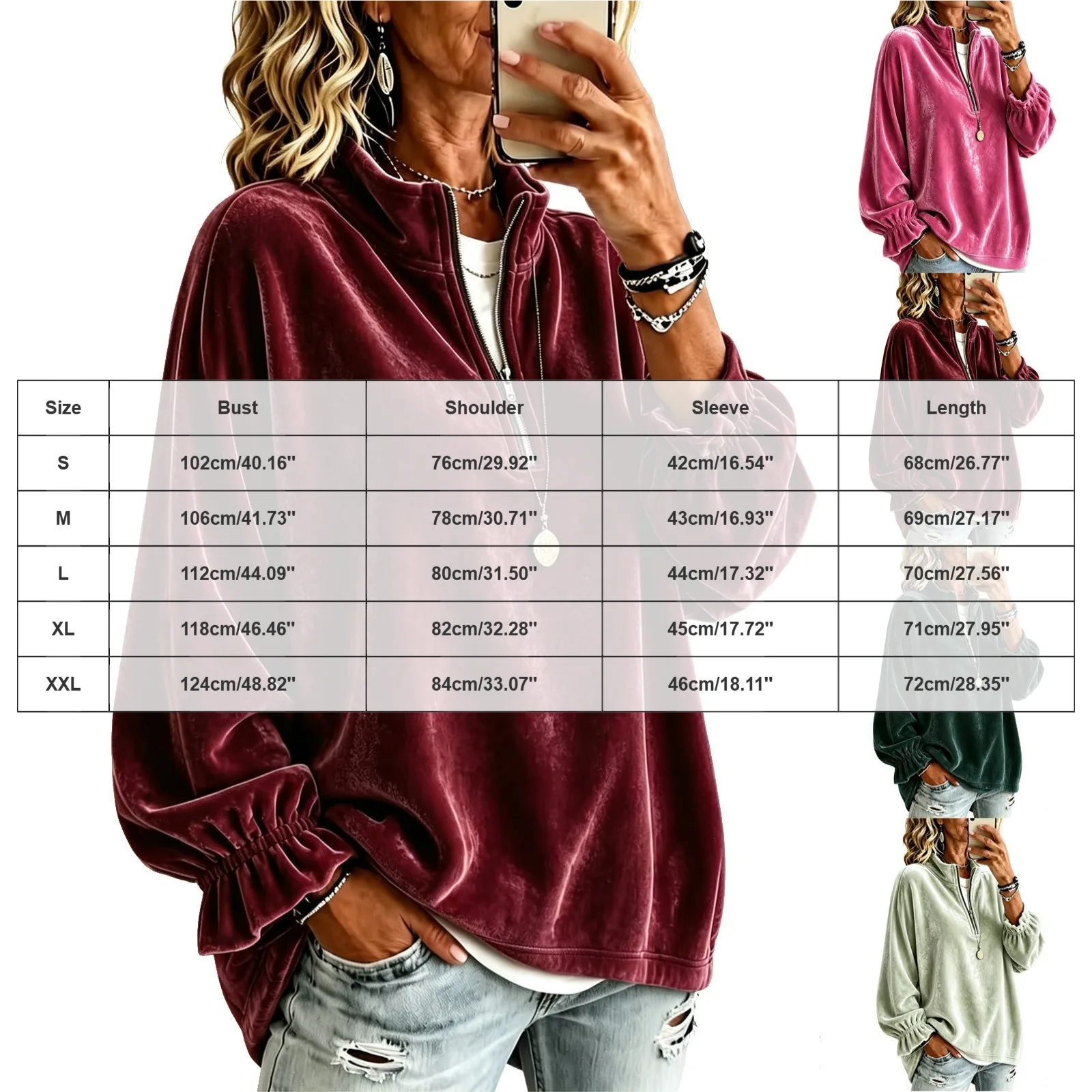Women Velvet Half Zip Sweatshirt Stand Collar Elastic Ruffle Long Sleeve Oversized Pullover Casual Autumn Winter Streetwear Tops