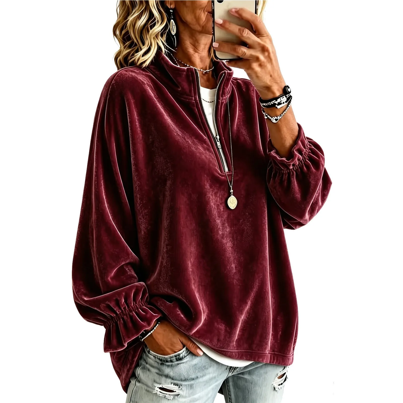 Women Velvet Half Zip Sweatshirt Stand Collar Elastic Ruffle Long Sleeve Oversized Pullover Casual Autumn Winter Streetwear Tops
