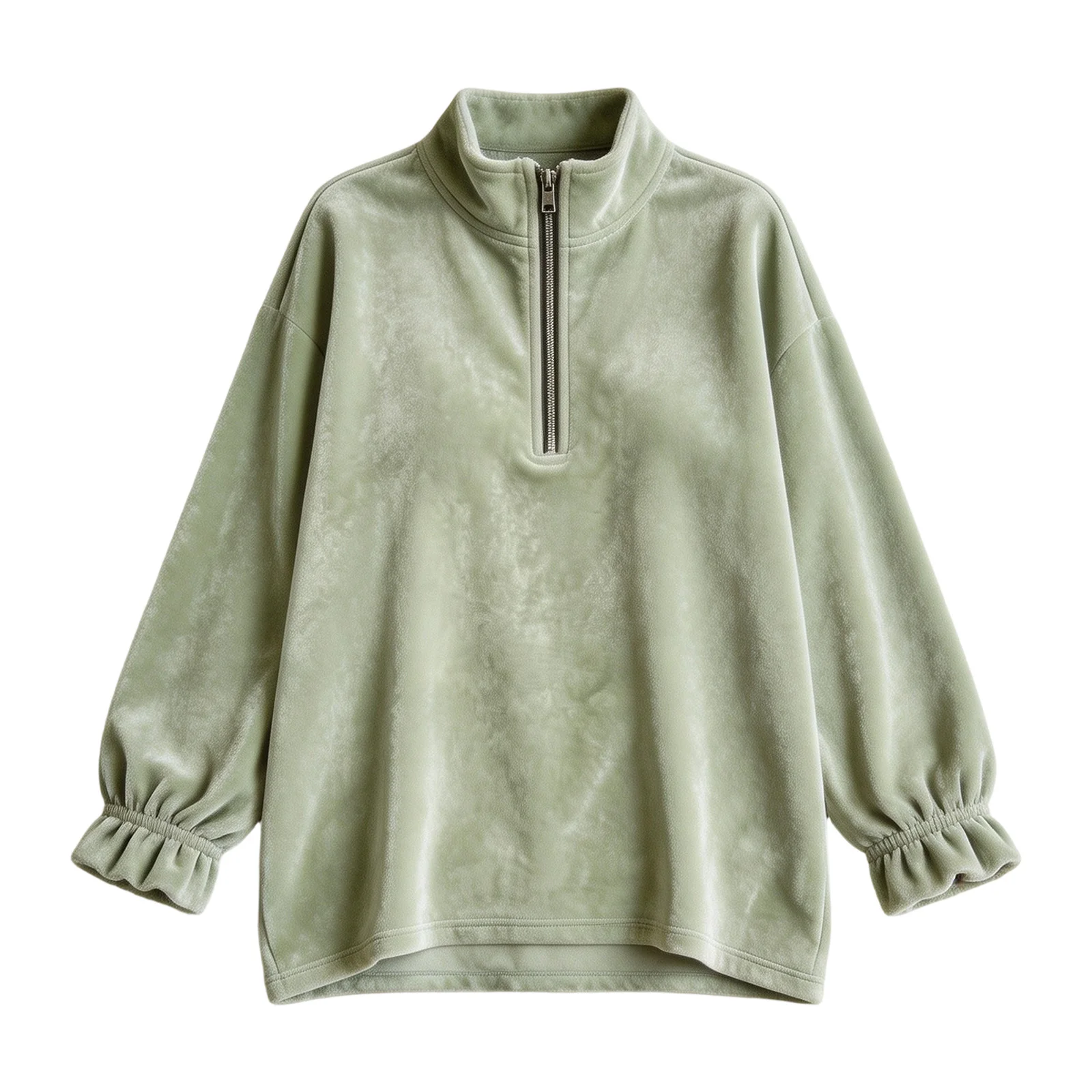 Women Velvet Half Zip Sweatshirt Stand Collar Elastic Ruffle Long Sleeve Oversized Pullover Casual Autumn Winter Streetwear Tops
