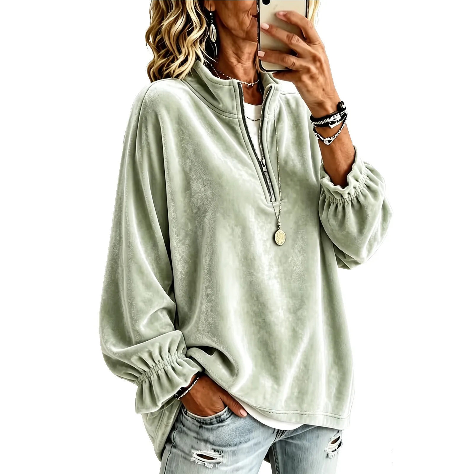 Women Velvet Half Zip Sweatshirt Stand Collar Elastic Ruffle Long Sleeve Oversized Pullover Casual Autumn Winter Streetwear Tops