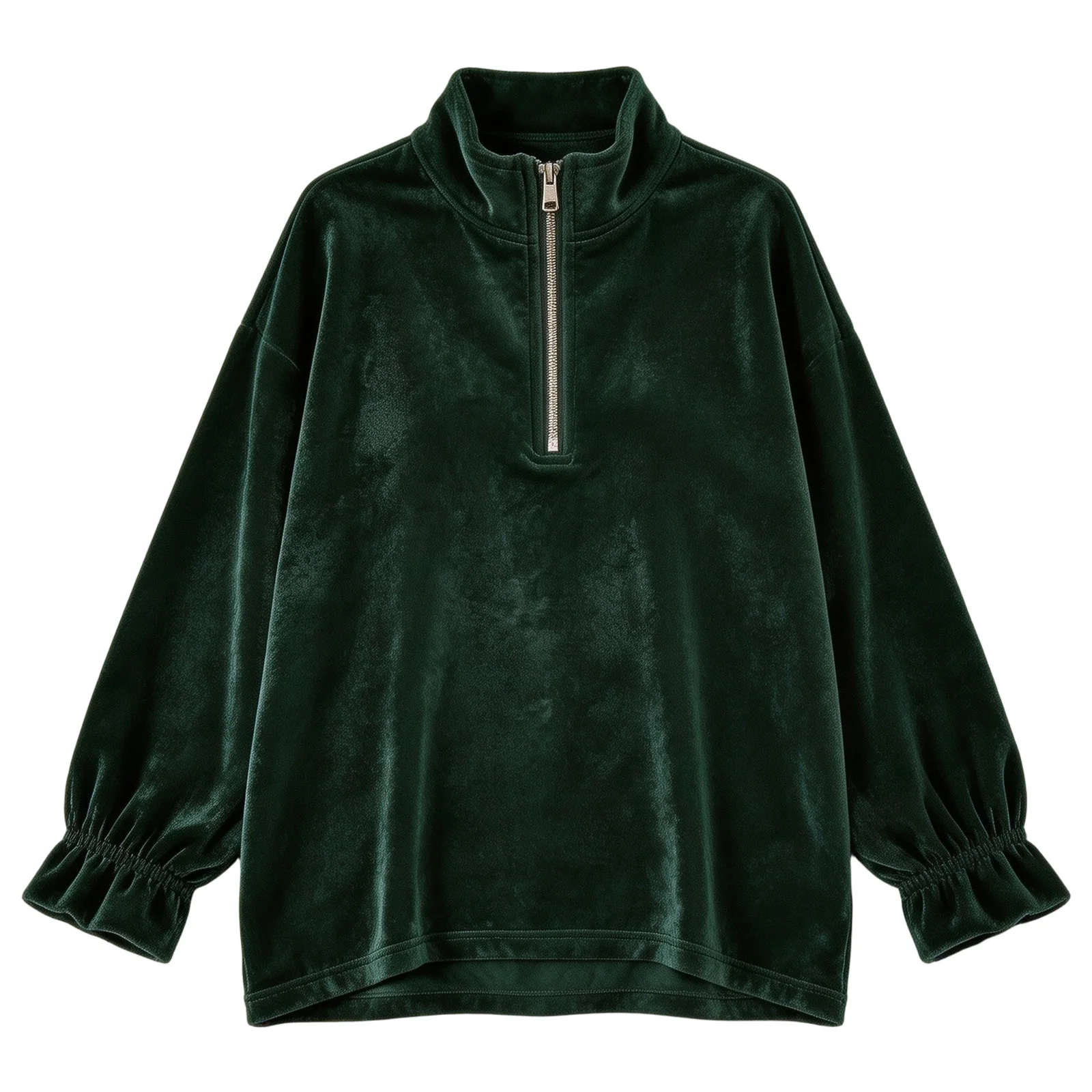 Women Velvet Half Zip Sweatshirt Stand Collar Elastic Ruffle Long Sleeve Oversized Pullover Casual Autumn Winter Streetwear Tops