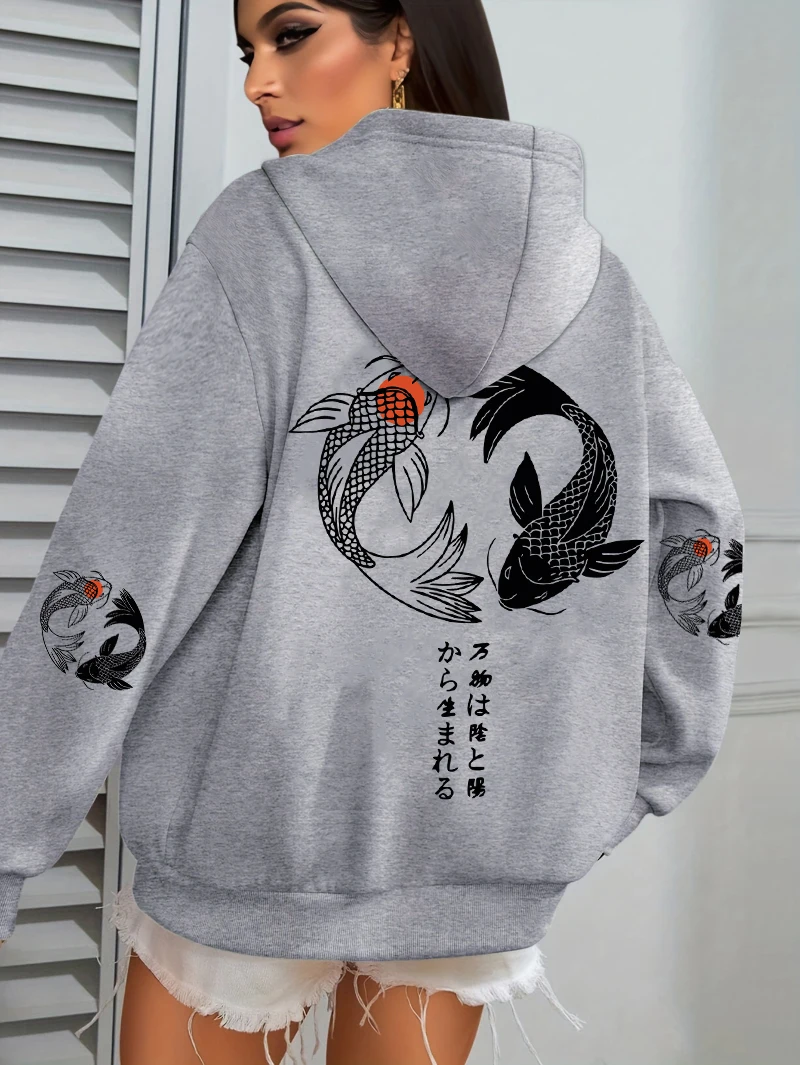 Japanese Koi Harajuku Illustration Prints Women Hoodie Loose Y2K Hoody Multicolor Autumn Hoodies Fleece Soft Woman Sportswear