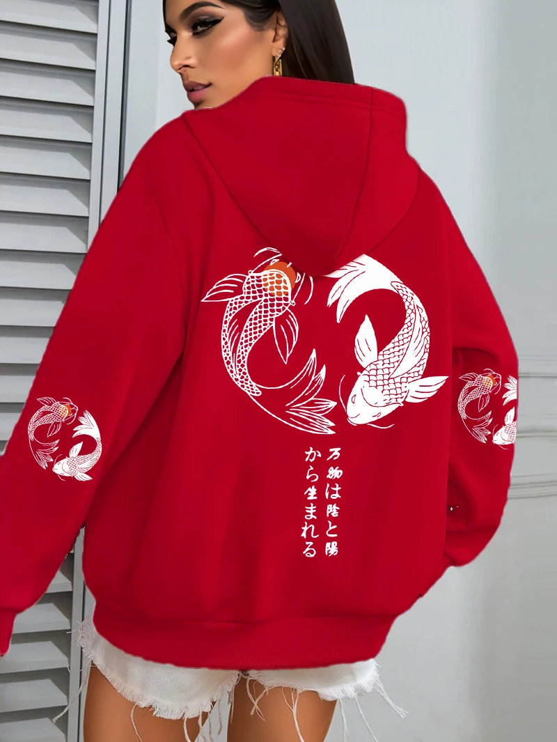 Japanese Koi Harajuku Illustration Prints Women Hoodie Loose Y2K Hoody Multicolor Autumn Hoodies Fleece Soft Woman Sportswear