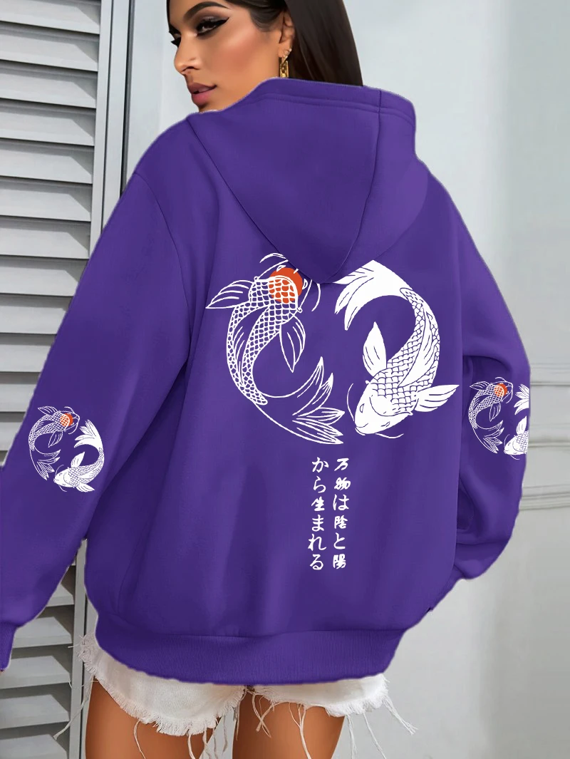 Japanese Koi Harajuku Illustration Prints Women Hoodie Loose Y2K Hoody Multicolor Autumn Hoodies Fleece Soft Woman Sportswear
