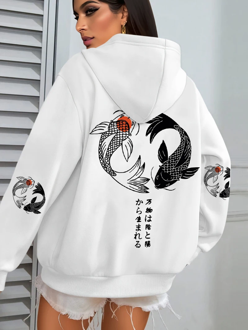 Japanese Koi Harajuku Illustration Prints Women Hoodie Loose Y2K Hoody Multicolor Autumn Hoodies Fleece Soft Woman Sportswear