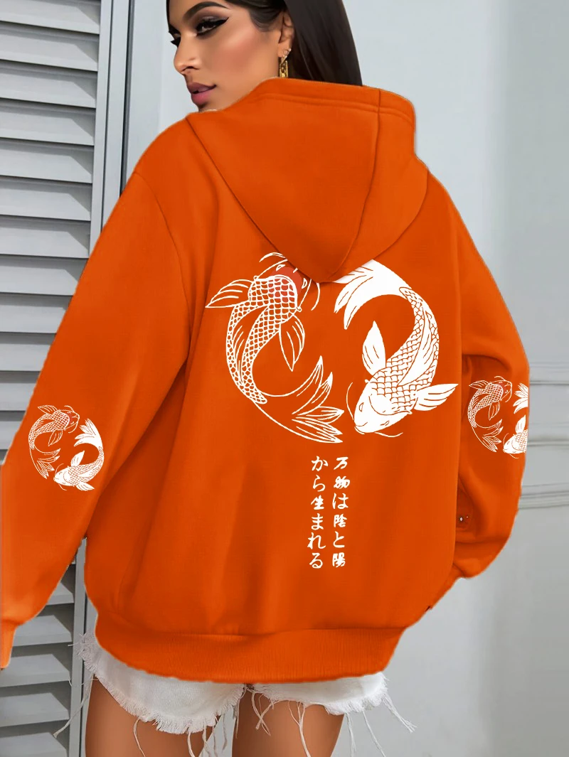 Japanese Koi Harajuku Illustration Prints Women Hoodie Loose Y2K Hoody Multicolor Autumn Hoodies Fleece Soft Woman Sportswear