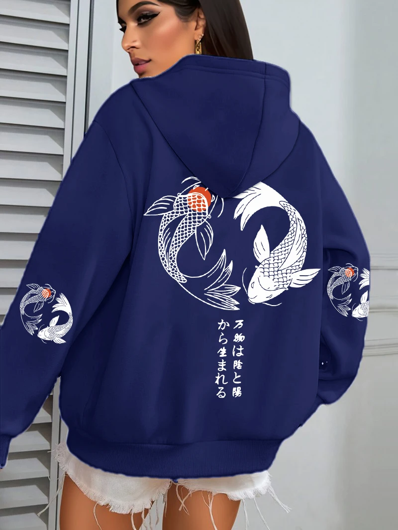 Japanese Koi Harajuku Illustration Prints Women Hoodie Loose Y2K Hoody Multicolor Autumn Hoodies Fleece Soft Woman Sportswear