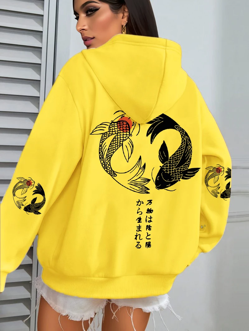 Japanese Koi Harajuku Illustration Prints Women Hoodie Loose Y2K Hoody Multicolor Autumn Hoodies Fleece Soft Woman Sportswear
