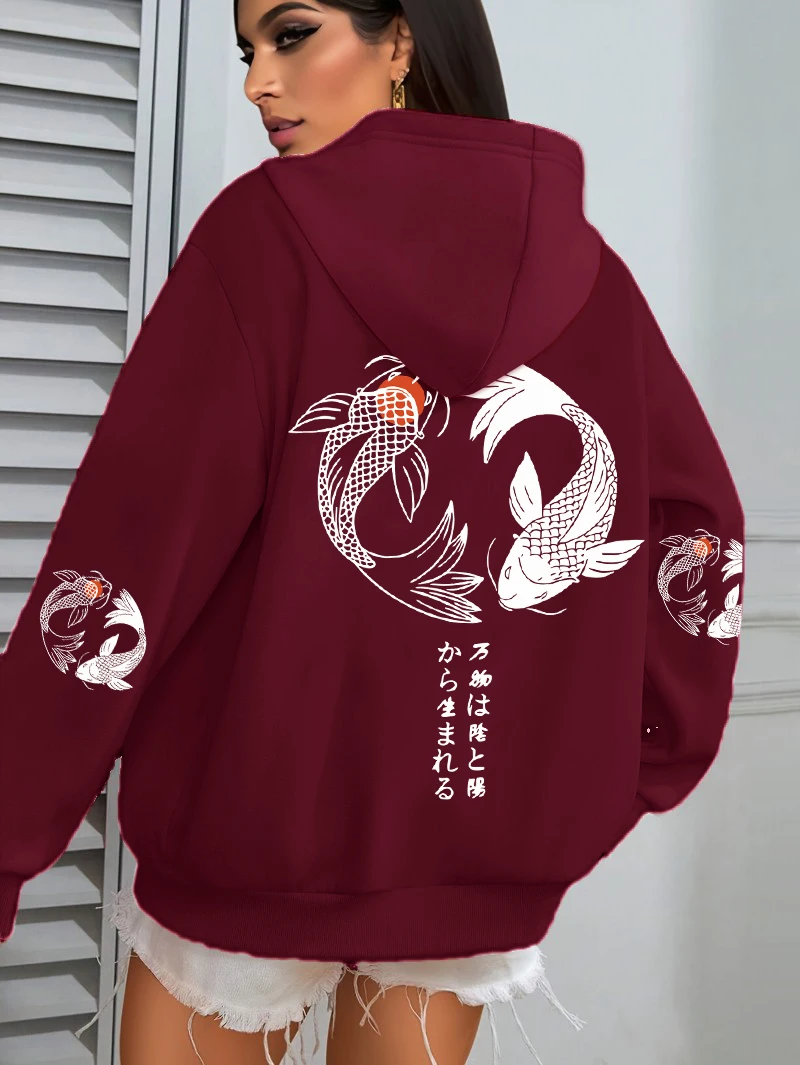 Japanese Koi Harajuku Illustration Prints Women Hoodie Loose Y2K Hoody Multicolor Autumn Hoodies Fleece Soft Woman Sportswear