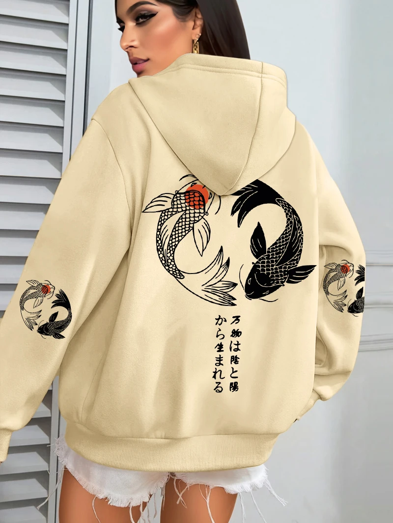 Japanese Koi Harajuku Illustration Prints Women Hoodie Loose Y2K Hoody Multicolor Autumn Hoodies Fleece Soft Woman Sportswear