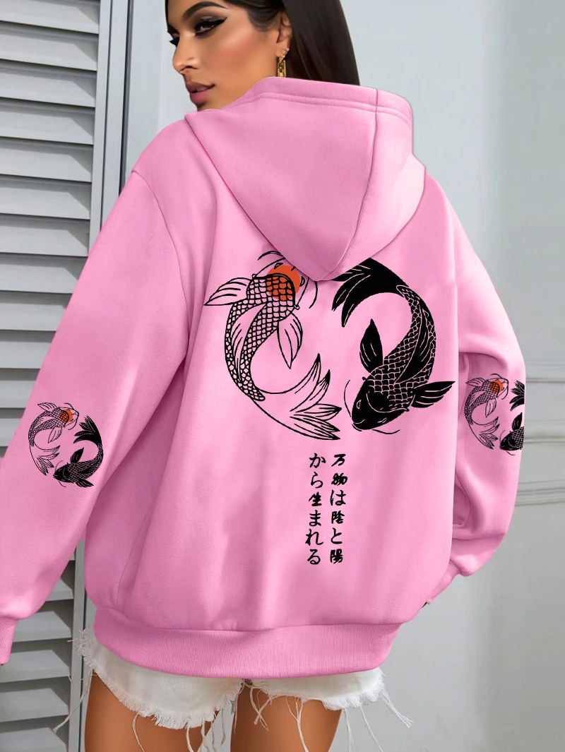 Japanese Koi Harajuku Illustration Prints Women Hoodie Loose Y2K Hoody Multicolor Autumn Hoodies Fleece Soft Woman Sportswear