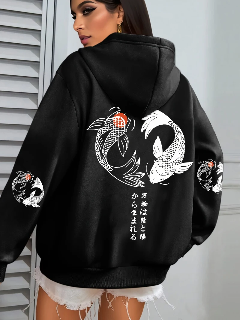 Japanese Koi Harajuku Illustration Prints Women Hoodie Loose Y2K Hoody Multicolor Autumn Hoodies Fleece Soft Woman Sportswear