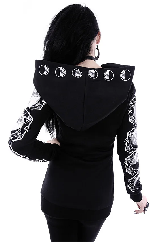 Hot Selling Black Punk Peng Hoodie with Moon Print Long Sleeved Hoodie