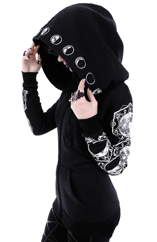 Hot Selling Black Punk Peng Hoodie with Moon Print Long Sleeved Hoodie