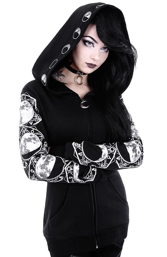 Hot Selling Black Punk Peng Hoodie with Moon Print Long Sleeved Hoodie